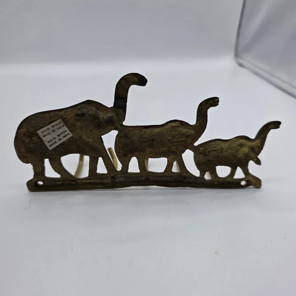 Vintage Solid Brass Elephant Trio Wall Hook Rack Key Holder Made in India Gold